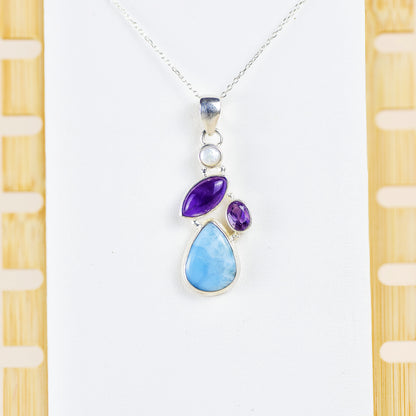 Colgante Larimar Amatista y Perla de Río - Plata de Ley