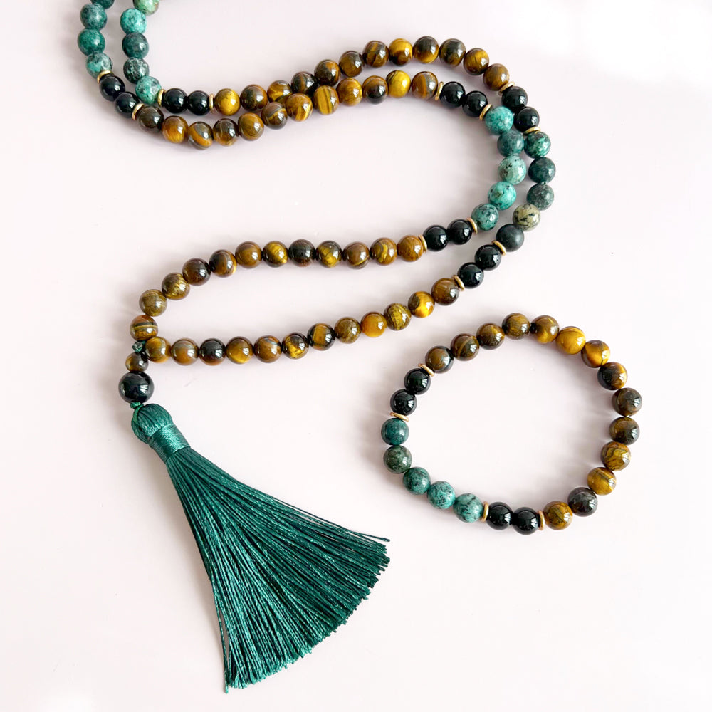 Conjunto Japa Mala + Pulsera de Ojo de Tigre con Turquesa Africana y Ónix