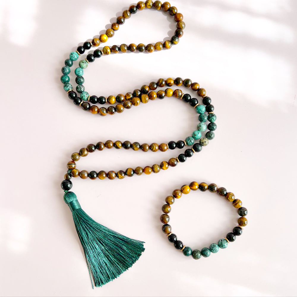 Conjunto Japa Mala + Pulsera de Ojo de Tigre con Turquesa Africana y Ónix